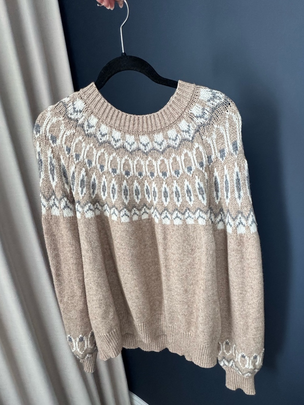 Max Edition Beige Fair Isle Crewneck Sweater with White & Light Gray Accents